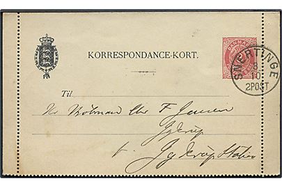8 øre helsags korrespondancekort annulleret med lapidar Snertinge d. 8.10.1889 til Jyderup.
