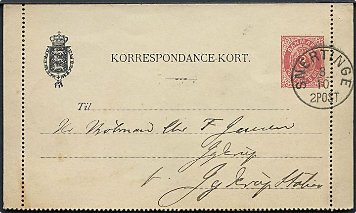 8 øre helsags korrespondancekort annulleret med lapidar Snertinge d. 8.10.1889 til Jyderup.