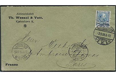20 øre Chr. IX med perfin Th. W & V. på firmakuvert fra Th. Wessel & Vett i Kjøbenhavn d. 3.9.1906 til Paris, Frankrig.