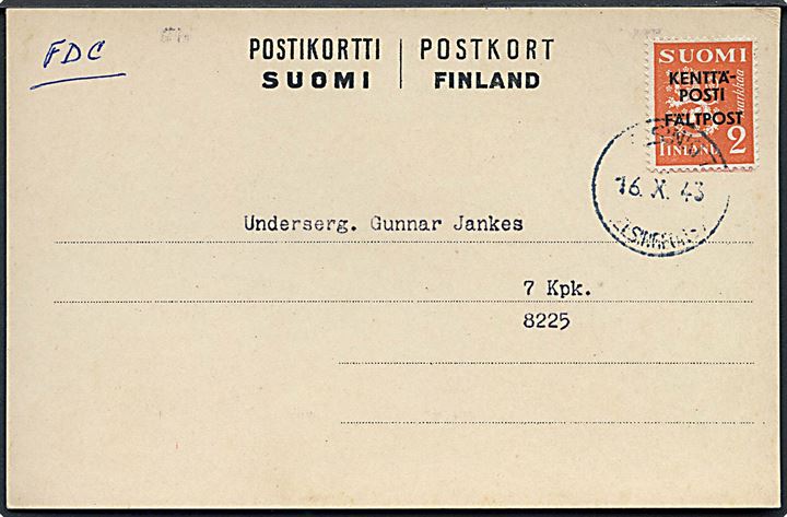 2 mk. Kenttäposti/Fältpost provisorium på brevkort fra Helsingfors d. 16.10.1943 til KpK 7/8225. Uden meddelelse på bagsiden.