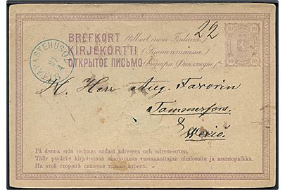 10 pen. helsagsbrevkort med blåt stempel Tavastehus d. 27.4.1876 til Tammerfors. Revet på bagsiden.