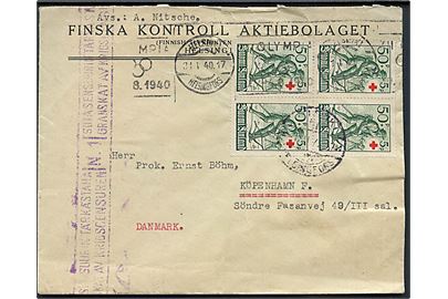 50+5 p. Røde Kors i fireblok på brev fra Helsingfors d. 31.1.1940 til København, Danmark. Finsk censur.