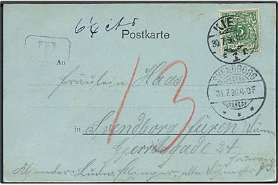 5 pfg. Ciffer på underfrankeret brevkort fra Kiel d. 30.7.1898 til Svendborg, Danmark. Sort T-stempel og udtakseret i 13 øre dansk porto.