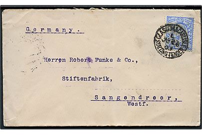 2½d Edward VII på brev annulleret med bureaustempel Glasgow & Carlisle Sorting Tender d. 26.6.1903 til Sangendreer, Tyskland.