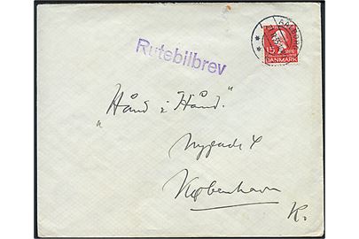 15 øre H. C. Andersen på brev fra Haverslev pr. Arden annulleret Aalborg d. 21.11.1935 og sidestemplet Rutebilbrev til København.