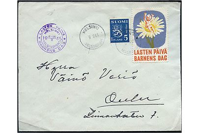 5 mk. Løve og Barnets Dag mærkat på brev fra Helsinki d. 9.9.1945 og sidestemplet med violet særstempel til Oulu.