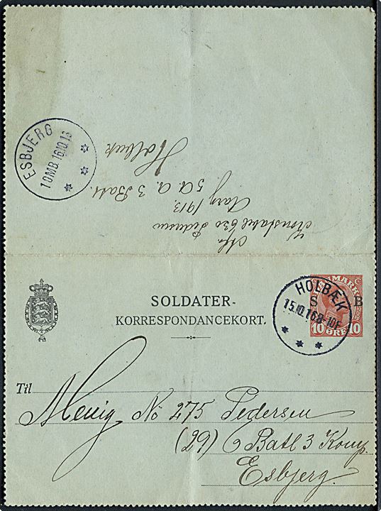 10 øre Soldater-korrespondancekort fra soldat i Holbæk d. 15.10.1916 til menig ved 6. Batl. 3. Komp. i Esbjerg. 