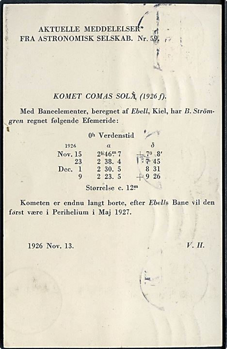 7 øre Bølgelinie på tryksagskort fra København d. 14.11.1926 til Mandal, Sverige. Returneret som ubekendt fra Mandal i Norge d. 17.11.1926. Interessant kort med meddelelse fra Astronomisk Selskab om den nyopdagede komet Comas Solá's positioner. 