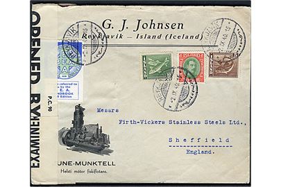 5 aur Torsk, 10 aur Sild og 30 aur Chr. X på illustreret firmakuvert fra Reykjavik d. 2.9.1940 til Sheffield, England. Åbnet af britisk censur PC90/5380. Påsat to forskellige mærkater.