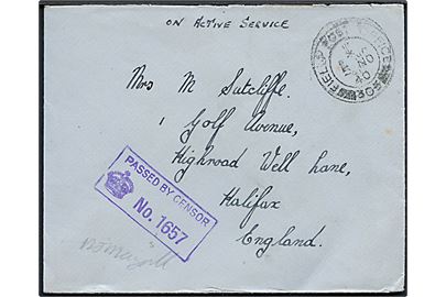 Ufrankeret OAS feltpostbrev stemplet Field Post Office 305 (= Reydarfjördur, Island) d. 5.11.1940 til Halifax, England. Unit censor no. 1657.