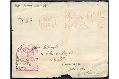 Ufrankeret OAS feltpostbrev med rødt stempel Post Office Maritime Mail og rød flådecensur til Dorset, England. Indeholder brev dateret d. 7.8.1943 fra britisk flåde officer med dækadresse H.M.S. Baldur 107, Reykjavik, Iceland (C).