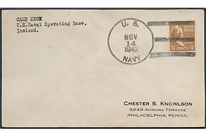 1½ cents på filatelistisk tryksag stemplet U. S. Navy d. 14.11.1942 til Philadelphia. Fra U. S. Naval Operating Base, Iceland.