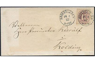 Herzogth. Schleswig 1 1/4 Sch. stukken kant på brev annulleret med enringsstempel Hadersleben d. 24.8.1867 til Kolding.