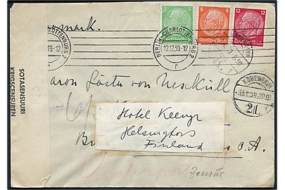 5 pfg., 8 pfg. og 12 pfg. Hindenburg på brev fra Berlin d. 12.12.1939 til Baron Gösta von Uexküll i København, Danmark - eftersendt til Helsingfors, Finland. Åbnet af både tysk og finsk censur.