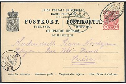 10 pen. helsagsbrevkort fra Nådendal annulleret med ovalt figur skibsstempel i Åbo d. 8.8.1899 via Bex til Gryon, Schweiz.