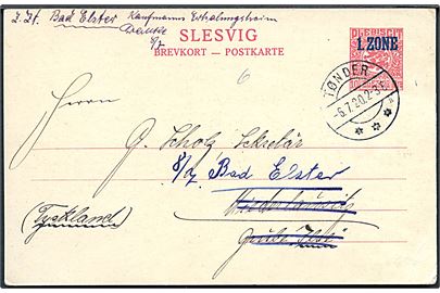 10 øre 1. Zone helsagsbrevkort annulleret med brotype IIb Tønder sn2 d. 6.7.1920 til Niederlausitz - eftersendt til Bad Elster.