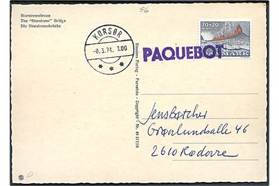 70+20 øre Heimaey på brevkort annulleret med violet skibsstempel PAQUEBOT og sidestemplet Korsør d. 8.3.1974 til Rødovre.
