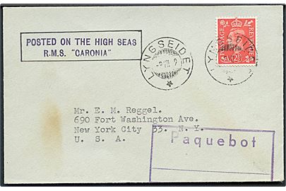 2½d George VI på filatelistisk skibsbrev annulleret med norsk stempel i Lyngseidet d. 8.8.1952 og sidestemplet Paquebot til New York, USA. Fra R.M.S. Caronia.