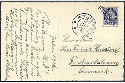 15 øre Posthorn på brevkort annulleret med skibsstempel Fra Norge og sidestemplet Frederikshavn d. 22.12.1926 til Frederikshavn.
