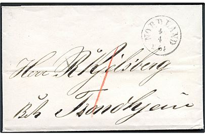 1864. Ufrankeret francobrev dateret Sövik pr. Alstahaug d. 3.4.1864 med skibsstempel Nordland d. 4.4.1864 til Trondhjem. Skibsstempel antagelig benyttet ombord på dampskibet Prinds Gustav.