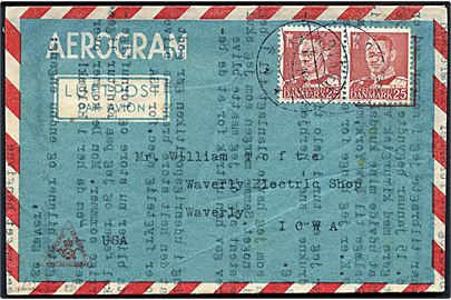 25 øre Fr. IX i parstykke på privat aerogram fra Holbæk d. 12.2.1951 til Waverly, USA.