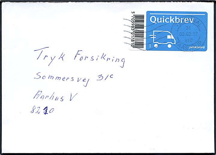 Postnord Quickbrev 2016 etiket på brev stemplet Terminal Taastrup d. 2.2.2017 til Aarhus.