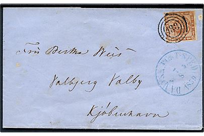 4 sk. 1858 udg, på brev annulleret med nr.stempel 188 og sidestemplet i BLÅ farve DAMPSK:POST-STED: No. 5 d. 7.8.1859 til Valby pr. Kjøbenhavn.