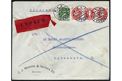 10 øre Bølgelinie og 15 øre Chr. X 60 år (3) på ekspresbrev fra Grenaa d. 23.10.1930 til København.