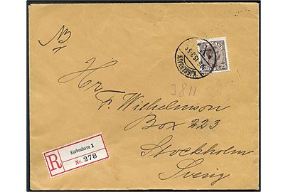 25 øre Chr. X single på anbefalet brev fra Kjøbenhavn d. 10.6.1915 til Stockholm, Sverige.