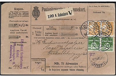 10 øre Bølgelinie (2) og 30 øre Karavel (2) på Postopkrævnings-Adressekort for lokalpakke i København d. 11.9.1928.