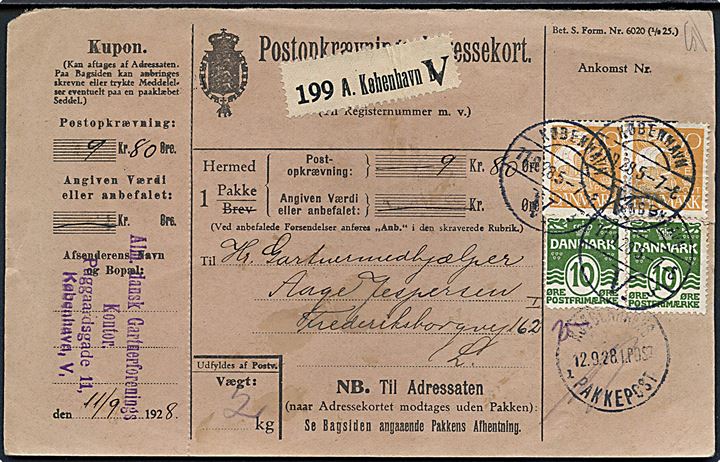 10 øre Bølgelinie (2) og 30 øre Karavel (2) på Postopkrævnings-Adressekort for lokalpakke i København d. 11.9.1928.
