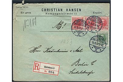 5 øre og 10 øre (3) Fr. VIII på anbefalet brev fra Kjøbenhavn d. 11.11.1907 til Berlin, Tyskland.