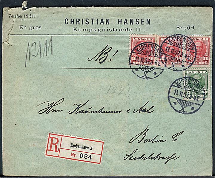 5 øre og 10 øre (3) Fr. VIII på anbefalet brev fra Kjøbenhavn d. 11.11.1907 til Berlin, Tyskland.