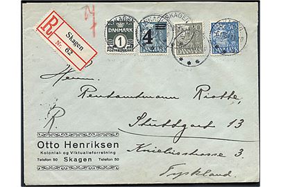 1 øre Bølgelinie, 20 øre, 30 øre Karavel og 4/25 øre Provisorium på anbefalet brev fra Skagen d. 6.11.1934 til Stuttgart, Tyskland.