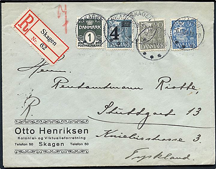 1 øre Bølgelinie, 20 øre, 30 øre Karavel og 4/25 øre Provisorium på anbefalet brev fra Skagen d. 6.11.1934 til Stuttgart, Tyskland.
