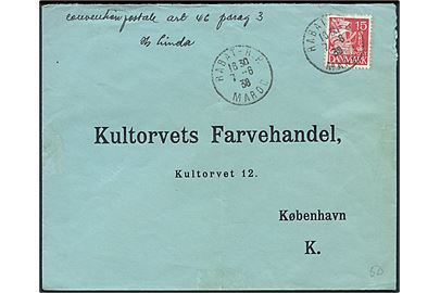 15 øre Karavel på skibsbrev fra skibet S/S Linda annulleret med marokkansk stempel i Rabat d. 7.6.1938 og påskrevet Convention postale art. 46 parag. 3 til København, Danmark. 