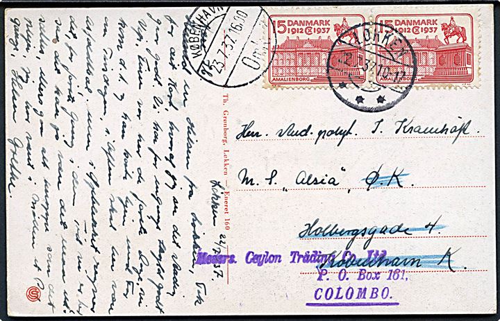 15 øre Regentjubilæum i parstykke på brevkort fra Løkken d. 22.7.1937 til M/S Alsia via rederiet Ø.K. i København - eftersendt til Colombo, Ceylon.