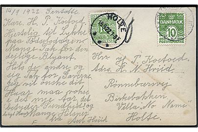 10 øre Bølgelinie på underfrankeret brevkort fra Gentofte annulleret med bureaustempel Kjøbenhavn - Slangerup d. 14.9.1922 til Holte. Udtakseret i porto med 10 øre Portomærke stemplet brotype IIIb Holte d. 15.9.1922.