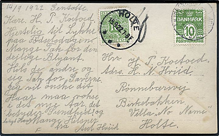 10 øre Bølgelinie på underfrankeret brevkort fra Gentofte annulleret med bureaustempel Kjøbenhavn - Slangerup d. 14.9.1922 til Holte. Udtakseret i porto med 10 øre Portomærke stemplet brotype IIIb Holte d. 15.9.1922.