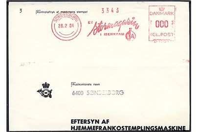 Eftersyn af hjemmefrankostemplingsmaskine formular B93 (2-82 A5) med aftryk af stempel fra Lorenz Andersen A/S i Sønderborg d. 28.2.1984.