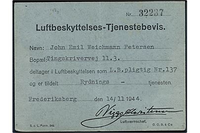 Luftbeskyttelses-Tjenestebevis for L.B. pligtig i Rydningstjenesten dateret Frederiksberg d. 14.11.1944.
