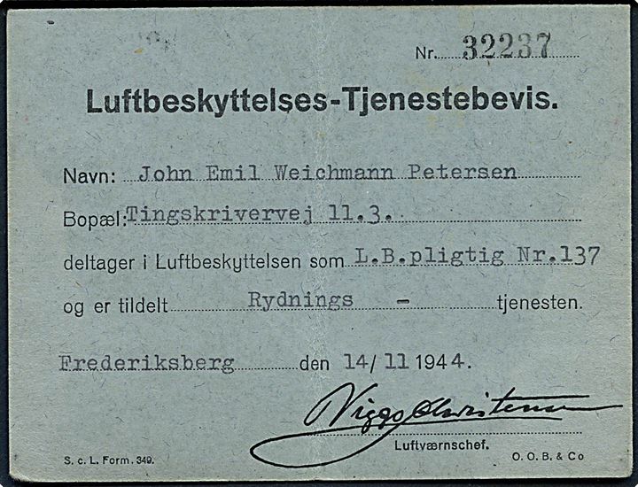 Luftbeskyttelses-Tjenestebevis for L.B. pligtig i Rydningstjenesten dateret Frederiksberg d. 14.11.1944.