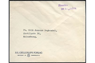 12 øre posthusfranko på bagsiden af tryksag fra København d. 3.10.1958 til Kalundborg. Stemplet Franko se bagsiden.