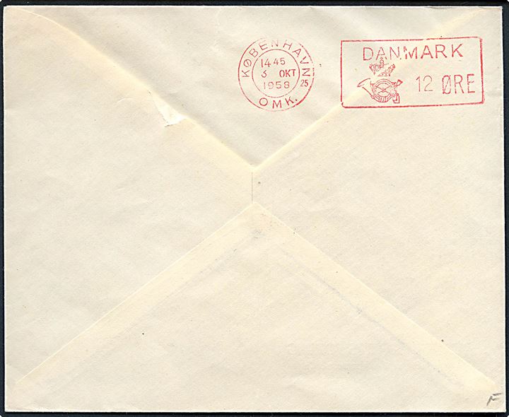 12 øre posthusfranko på bagsiden af tryksag fra København d. 3.10.1958 til Kalundborg. Stemplet Franko se bagsiden.