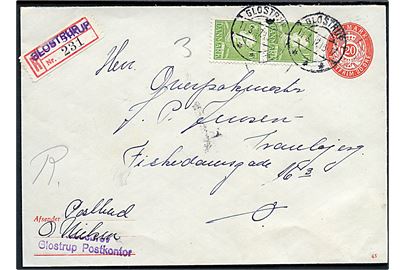 20 øre helsagskuvert (fabr. 65) opfrankeret med 15 øre Chr. X i parstykke sendt anbefalet fra Glostrup postkontor d. 11.3.1947 til København. 