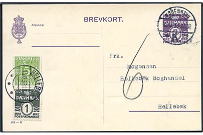 7 øre helsagsbrevkort (fabr. 108-H) sendt underfrankeret fra København d. 19.12.1933 til Hellebæk. Udtakseret i porto med 5 øre Portomærke og 1 øre Bølgelinie benyttet som portomærke stemplet Hellebæk d. 19.12.1933.