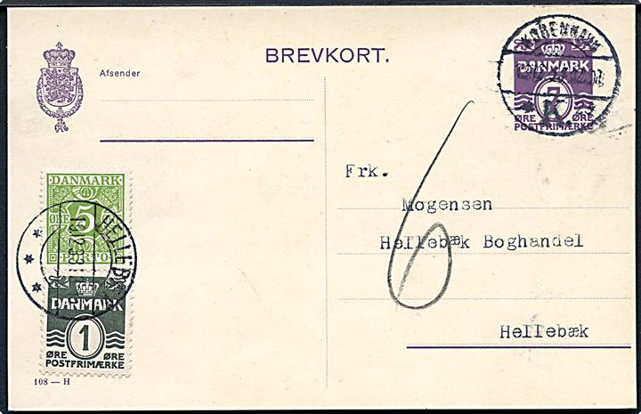 7 øre helsagsbrevkort (fabr. 108-H) sendt underfrankeret fra København d. 19.12.1933 til Hellebæk. Udtakseret i porto med 5 øre Portomærke og 1 øre Bølgelinie benyttet som portomærke stemplet Hellebæk d. 19.12.1933.