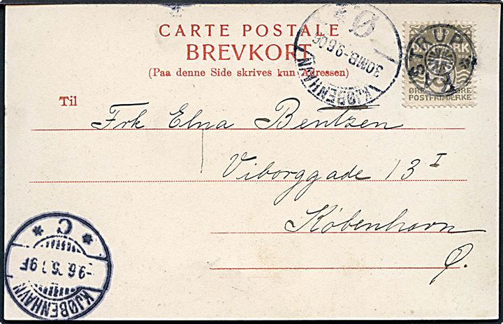3 øre Bølgelinie på lokalt brevkort (Kastrup Værk) annulleret med stjernestempel KASTRUP og sidestemplet Kjøbenhavn *C* d. 9.6.1905 til København Ø.