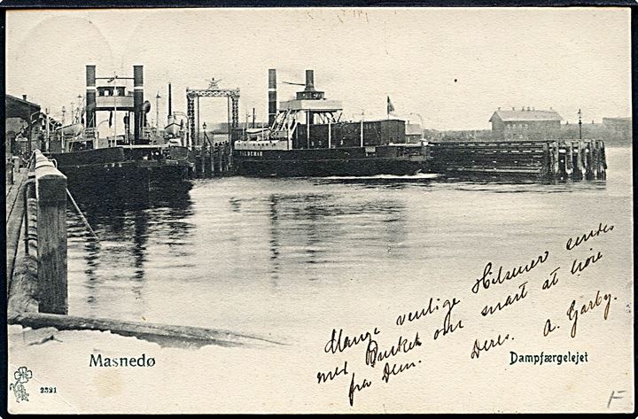 5 øre Våben på brevkort (Dampfærgerne på Masnedø) annulleret med stjernestempel LANGEBÆK og sidestemplet bureau Masnedsund - Kallehave T.1 d. 2.10.1905 til Kjøbenhavn.