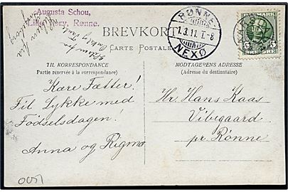 5 øre Fr. VIII på brevkort annulleret med stjernestempel AARSDALE og sidestemplet bureau Rønne - Nexø T.8 d. 1.3.1911 til Vibegaard pr. Rønne.